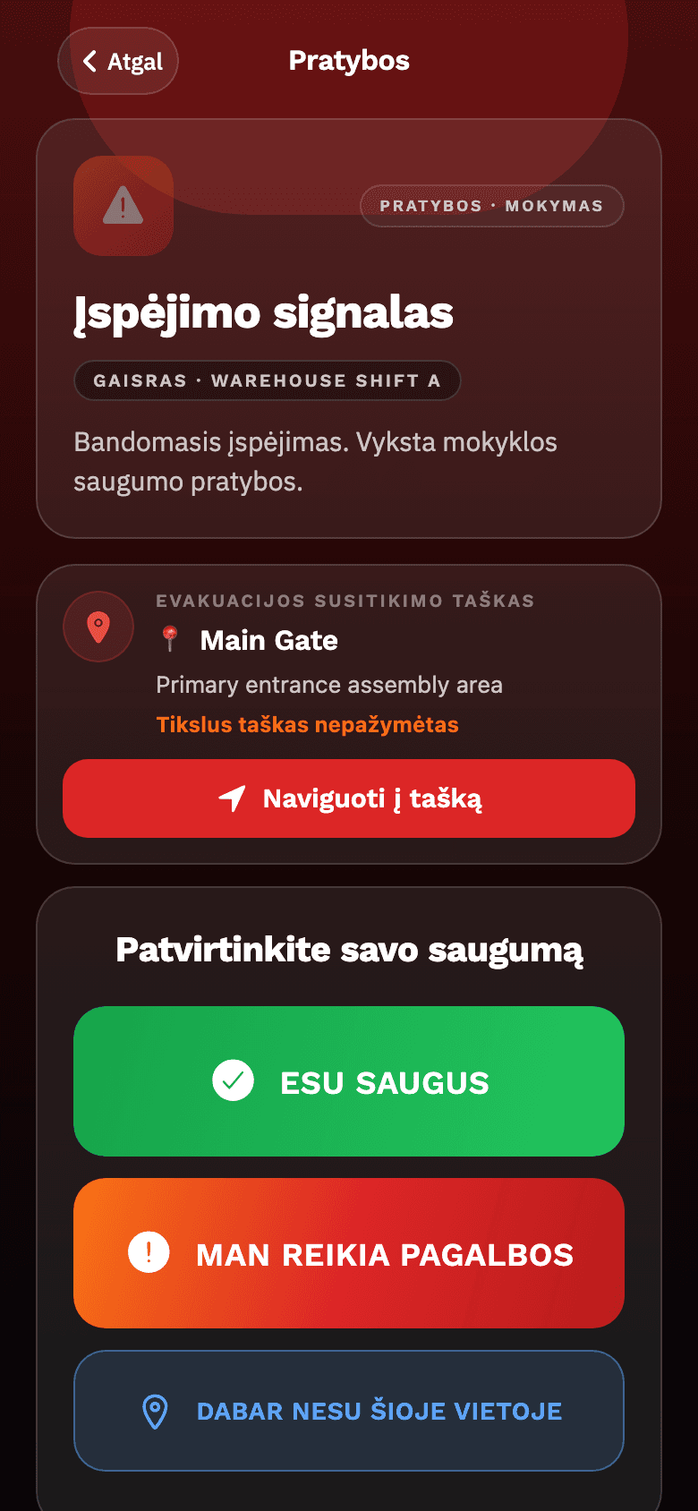 RESQLIFE — dalyvio įspėjimo ekranas